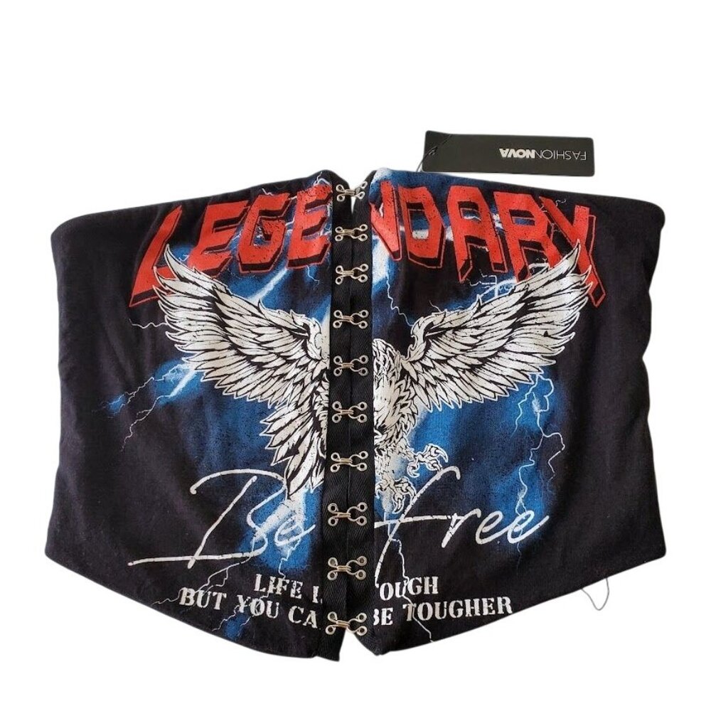 Fashion Nova Legend Free Corset Graphic Tube Top Black Eagle Rock Graphic Size M